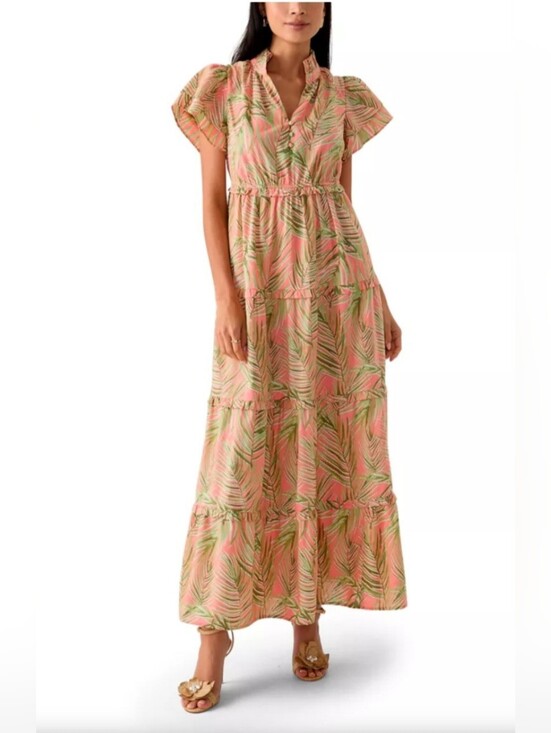 crown & ivy Dresses & Skirts - Crown & Ivy Womens XL Coral Palm Tiered Maxi Dress Ruffle Neck Short Sleeve NWT